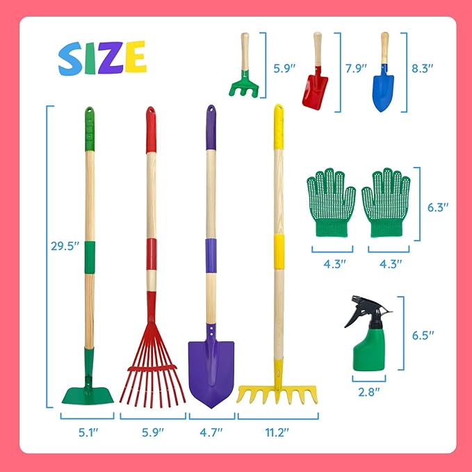 9Pcs Kids Gardening Tools Set - Toys with Shovel, Rake, Hoe and Leaf Rake for Outdoor Backyard Play, STEM Educational Toys, Ideal Christmas Birthday Gifts for Toddler Boys & Girls Ages 3 4 5
