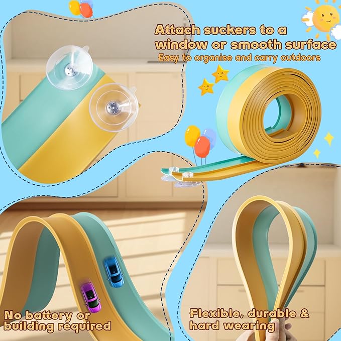 Flex Tracks 15 Ft for Kids Starter Set, Flexible Race Car Ramp Track with Suction Cups Compatible with Diecast 1/64th Cars for Ages 3 & Up (Daytona Blue & Yellow)