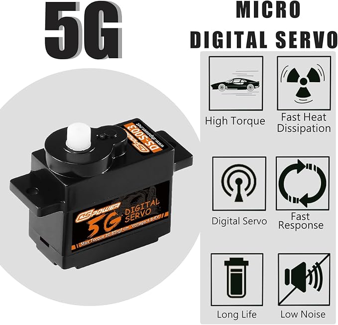 2PCS 5G Mini Digital Servo, Plastic Gear Micro RC Servos Motor Kit for 1/28 RC Car Model Boat Fixed-Wing Helicopter Airplane Robot Toy (2PCS)