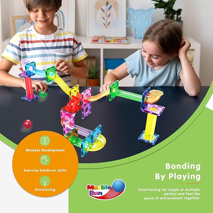 PicassoTiles Magnetic Tiles Marble Run Building Blocks Rainbow Color with Slide Drop Funnels Tubes STEM Educational Toy Set Compatible Durable Construction Kit for Kids Age 3+ Preschool Learning PTG40
