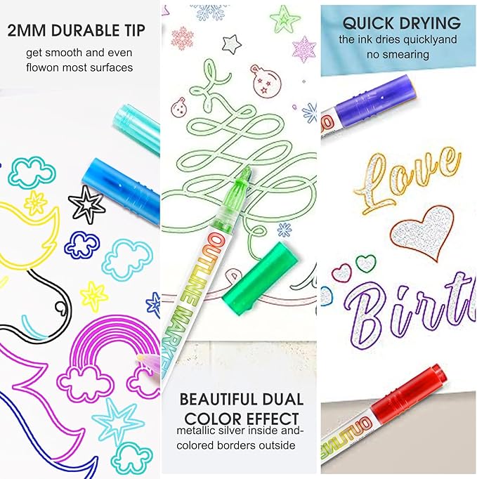 Double Line Outline Markers, 12 Colors Glitter Metallic Outline Markers Set, Stocking Stuffers for Kids Teens Girls, Gifts for 4-12 Year Old Girls, Christmas Gifts for Teenagers