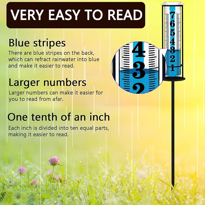 Rain Gauge Outdoor,Accurate Rain Gauges Outdoors Best Rated,Upgraded Freeze Proof Rain Measure Gauge for Yard Fence,Rain Meter with Stake,Large Font Water Gauge for Rain,Adjustable Height,Easy to Read