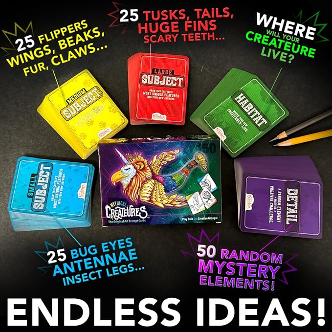 Mythical Creatures Art Prompts Card Game — 150 Drawing Prompt Cards, Gift for Artists Ideas — Imagination Games for Kids, Tweens, Teens & Families, Classroom & Homeschool Teachers Creativity Activity