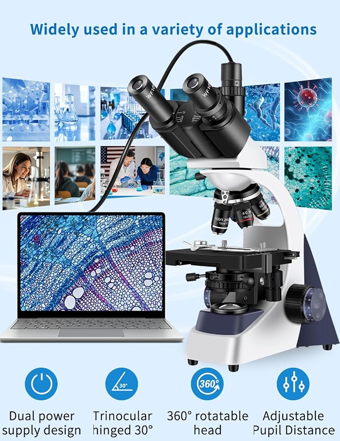 Microscope for Adults 40X-5000X Magnification Lab Grade with Dual Mechanical Stages and HD USB Camera Trinocular Microscope