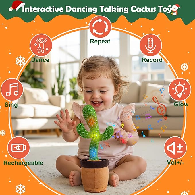 Rechargeable Dancing Talking Cactus Toy for Baby Toddler, Stocking Stuffers for Kids,Singing Mimicking Recording Repeating with 120 Songs, tummy time toys for Girls Boys, Birthday or Chirstmas Gifts