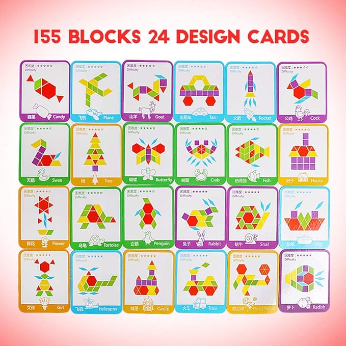 JCREN Wooden Pattern Blocks Montessori Toys Shape Puzzles Kindergarten Classic Educational Tangram Geometric Brain Teaser Toys Best STEM for Kids Ages 4-8 with 24 Pcs Cards