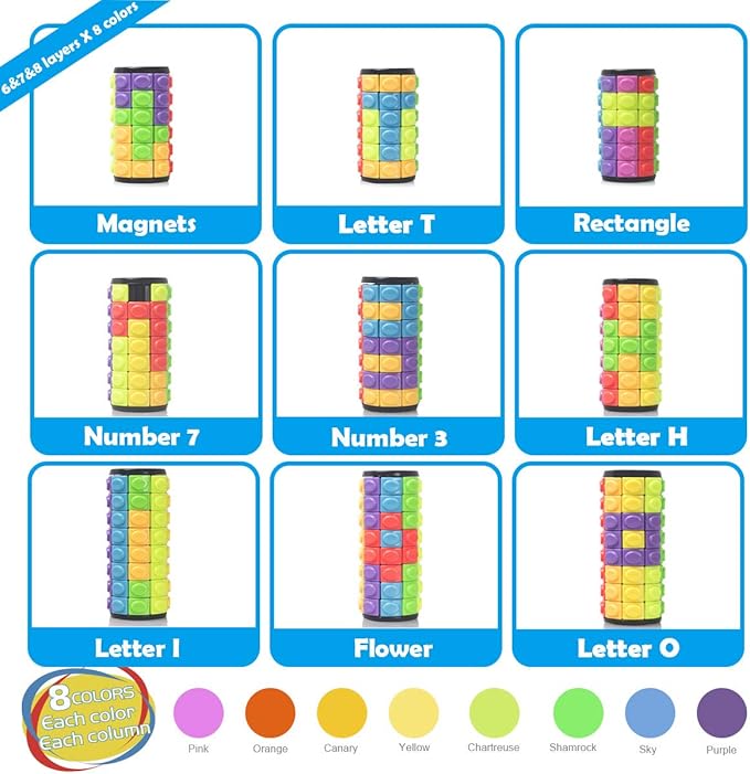 R.Y.TOYS Rotate and Slide Puzzle-Design Patent,Fidget Toys(Restore Order/Create Patterns) 8 Colors,6, 7 and 8 Layers-Detach Piece for Quick Play,Brain Teaser,Sensory Toys,Stocking Stuffers