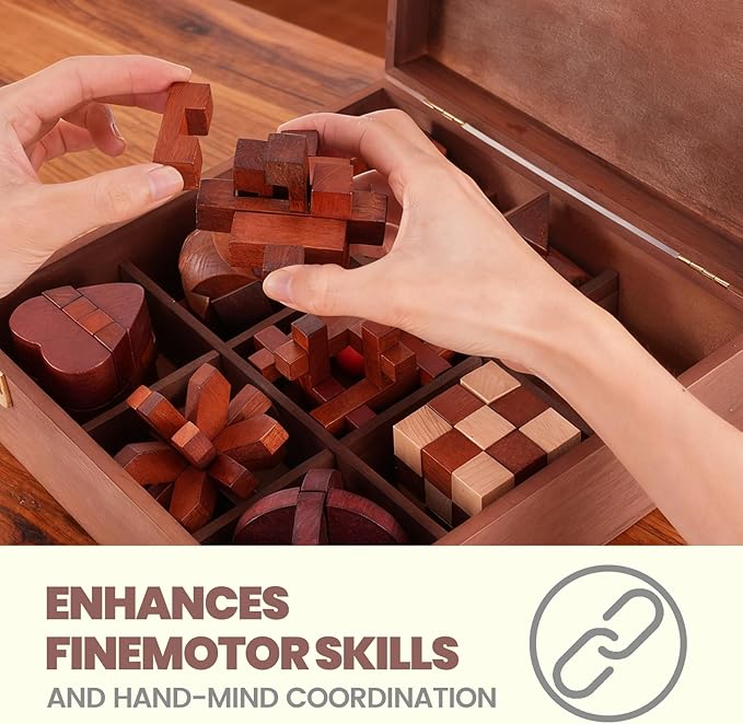 Wooden Brain Teaser Puzzles for Adults - Brain Teaser Puzzles with Wooden Box 3D Puzzle Game Toys for Adults Teens - Unlock Interlocking Puzzle Adult IQ Education Smart Toys