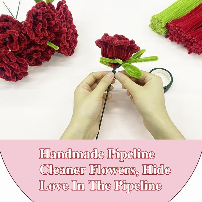 LOLEDE Pipe Cleaners Craft Flowers Kit 300 Pcs, 300 Pcs 2 Colors 11.8inch Fuzzy Pipe Cleaners Bulk, Chenille Stems for DIY Flower Making Kit Crafts, Floral Stems & Tape & Ribbon & Pearls(Rose)