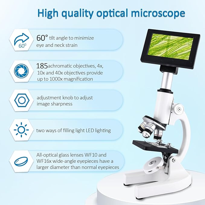 Microscope 40X-2500X Magnification, HD Wide Angle Eyepieces, 4-inch High-Pixel Display with LED Fill Light 3, Cell Phone Observable, for Home School Labs (White)