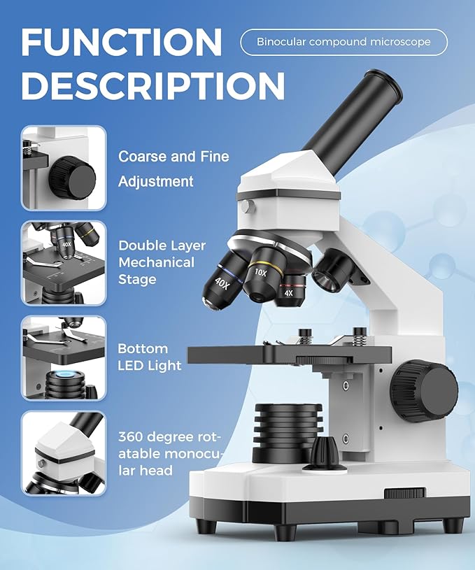 PalliPartners Compound Microscope for Adults & Students - 100X-2000X High-Power Biological Microscope for Students, School Lab & Home Education, with Slides Set & Phone Adapter (White)