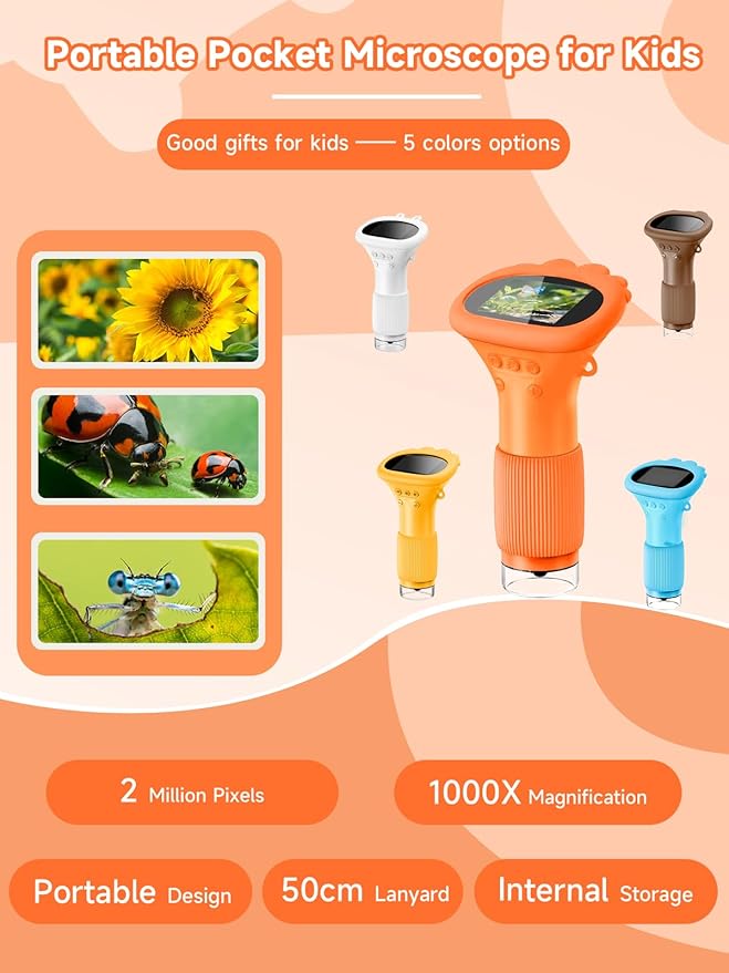 Microscope for Kids, 1000X Handheld Digital Miniscope with 2.0" Screen, Portable Pocket Microscope Education Toys Christmas Gifts for Age 3 4 5 6 7 8 9 10 Girls Boys