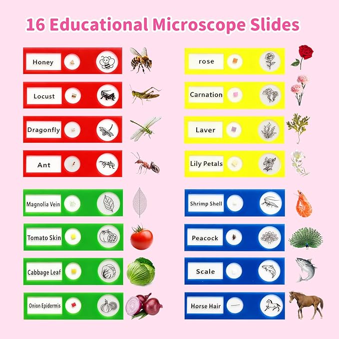 1000X Microscope for Kids with 16 Slides, 2.4" Handheld Digital Pocket Microscope, STEM Educational Science Toys for Christmas Birthday Gifts for 3+ 4 5 6 7 8 9 10 11 12 Year Old Boys Girls, Pink