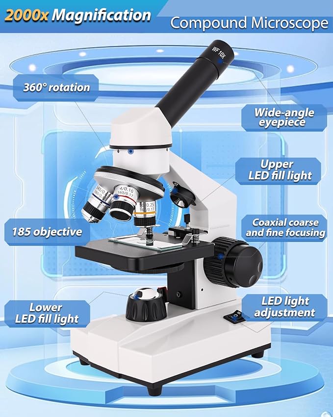 Compound Microscope, 2000x Magnification, with Smartphone Adapter, Slide Set, Dual LED Illumination System, Adult Microscope, Suitable for Beginners and Laboratory use (Monocular Microscope)