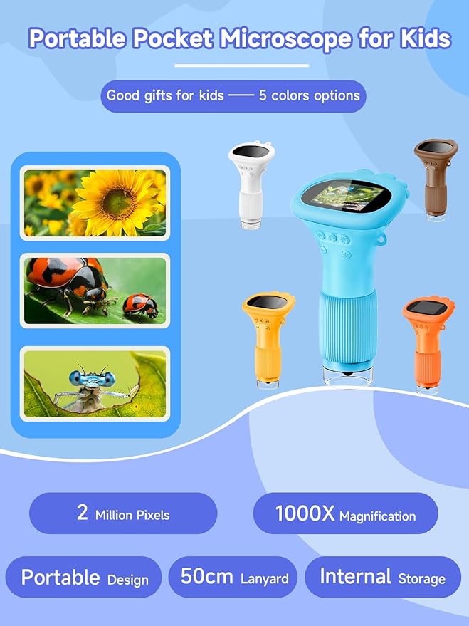 Microscope for Kids, 1000X Handheld Digital Miniscope with 2.0" Screen, Portable Pocket Microscope Education Toys Christmas Gifts for Age 3 4 5 6 7 8 9 10 Girls Boys