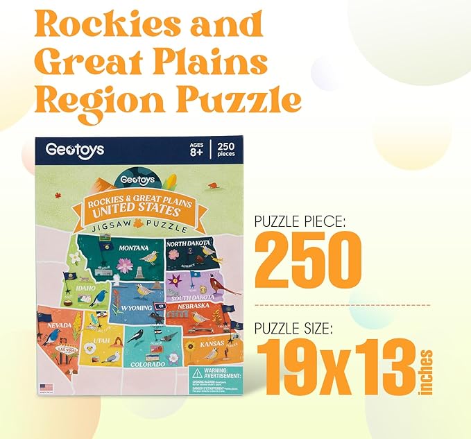 Geotoys Rockies & Great Plains Region Jigsaw Puzzle - 250 Piece Puzzles for 8 Year Olds - Jigsaw Puzzles for Kids Ages 8-12 Years Old - Kids Puzzle Games with Colorful Landmarks