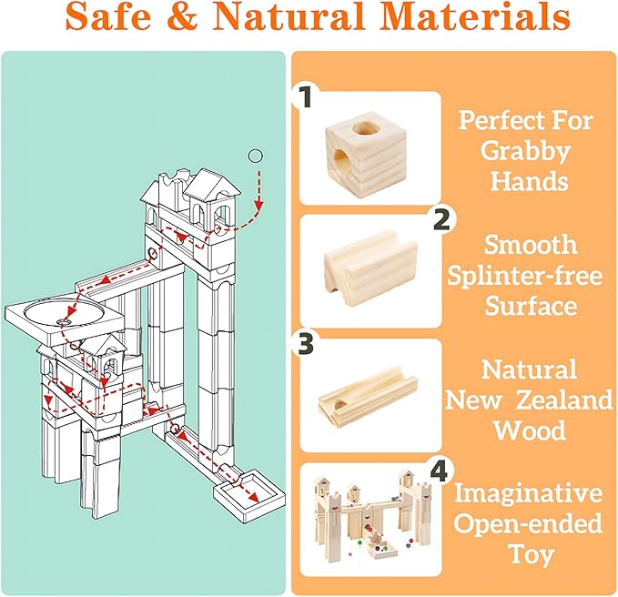 Wooden Marble Run for Kids Ages 4-8 – 80 Pieces Marble Rush Track Maze Construction Toy, STEM Building Blocks, Educational Gift for Boys & Girls