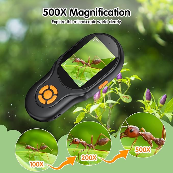 Microscope for Kids, EDCREATY 500X Magnification 2.4-Inch High-Definition Screen, Mini Portable Pocket Handheld Camera for Christmas Birthday Gifts Toys for 4 5 6 7 8 9 10 11 12 Year Old Kids(Black)