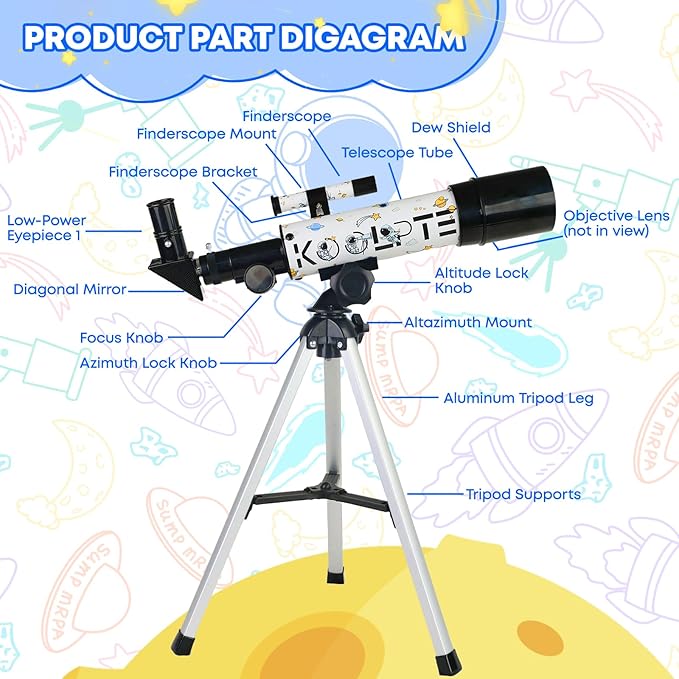 Kids Telescope for Astronomy Beginners – 50mm Portable Refractor Telescope with Tripod & Eyepieces, STEM Space Toy for Boys & Girls, Educational Gift for Kids Age 6–14