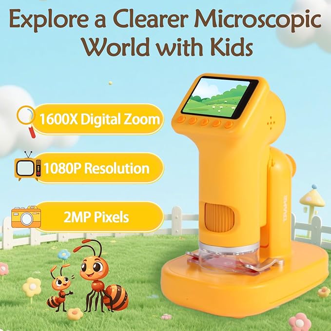 1600X Microscope for Kids, Detachable Handheld Mini Digital Microscope with Photo Video Function, Rechargeable Educational Toys with 64GB, 6 Slides and Make Tool Gift for Kids