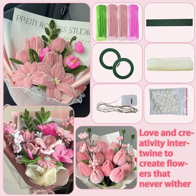 LOLEDE Pipe Cleaners Craft Flowers Kit 400 Pcs, 400 Pcs 3 Colors 11.8inch Fuzzy Pipe Cleaners Bulk, Chenille Stems for DIY Flower Making Kit Crafts, Floral Stems & Tape & Ribbon Pearls(Pink)