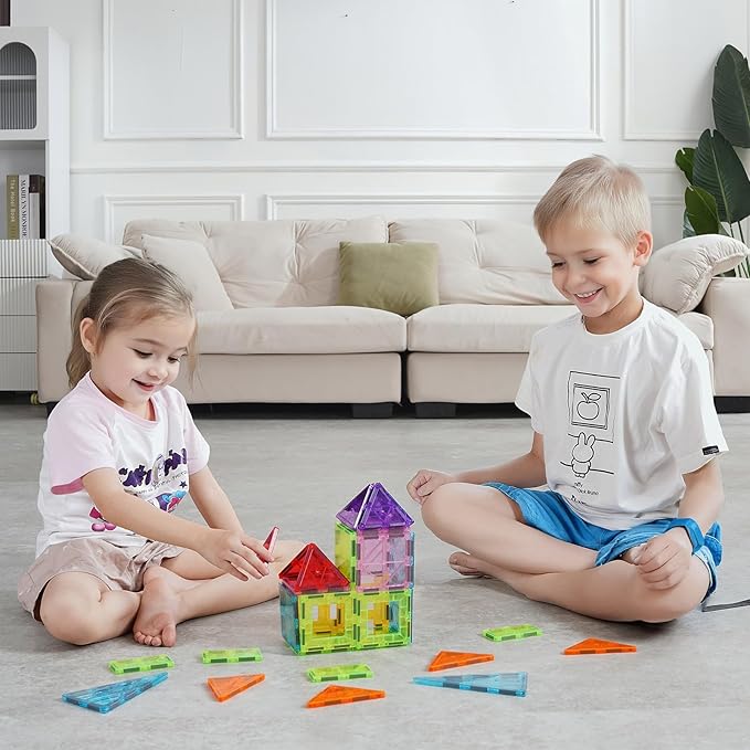 VEVOR Magnetic Tiles, 32 PCS Magnetic Building Blocks for Kids, Magnet Building Set with Storage Bag, STEM Sensory Educational Construction Stacking Toys Gift for Toddlers Boys and Girls 3+ Year Old