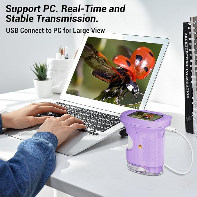 Pocket Kids Microscope, 1000X Handheld Microscope for Kids w/2.4'' Screen, Photo Video Mini Portable Microscopes Science Edu Digiscope, Christmas Birthday Gifts Ideas for Kids Ages 3-12 (Purple)