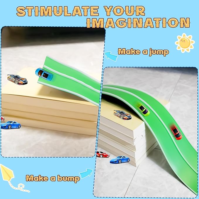 Flex Tracks 15 Ft for Kids Starter Set, Flexible Race Car Ramp Track with Suction Cups Compatible with Diecast 1/64th Cars for Ages 3 & Up (Green & White)