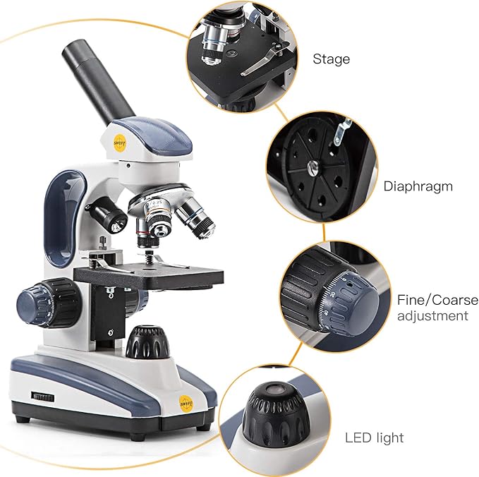 SWIFT Compound Monocular Microscope SW200DL with 40X-1000X Magnification, Dual Light, Precision Fine Focus, Wide-Field 25X Eyepiece and Cordless Capability for Student Beginner