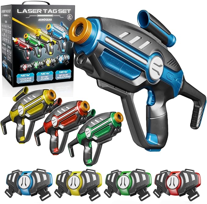 Laser Tag Set for Kids, Teens & Adults - 4 Blasters + 4 Vest Sensors with 4 Multi-Game Modes - Fun Ideas Age 8+ Year Old Toys - Includes Accessories - Boys & Girls Outdoor Teenage Group Activities