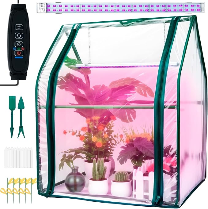 Mini Greenhouse Indoor, Mini Green House with Grow Light, 15W Full Spectrum Plant Lights & Timer for Seed Starter Tray, Indoor Outdoor Plants 24"x16"x20"