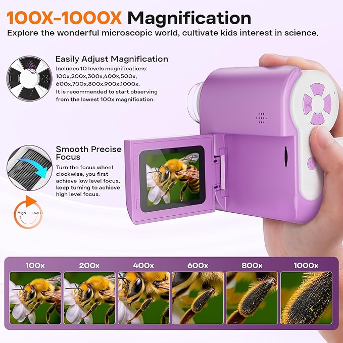 LAKWAR 1000X Handheld Digital Microscope for Kids: 4K 2.0" Screen Portable Digital Microscope for Kids 8-12 Home School Science Education (Purple)