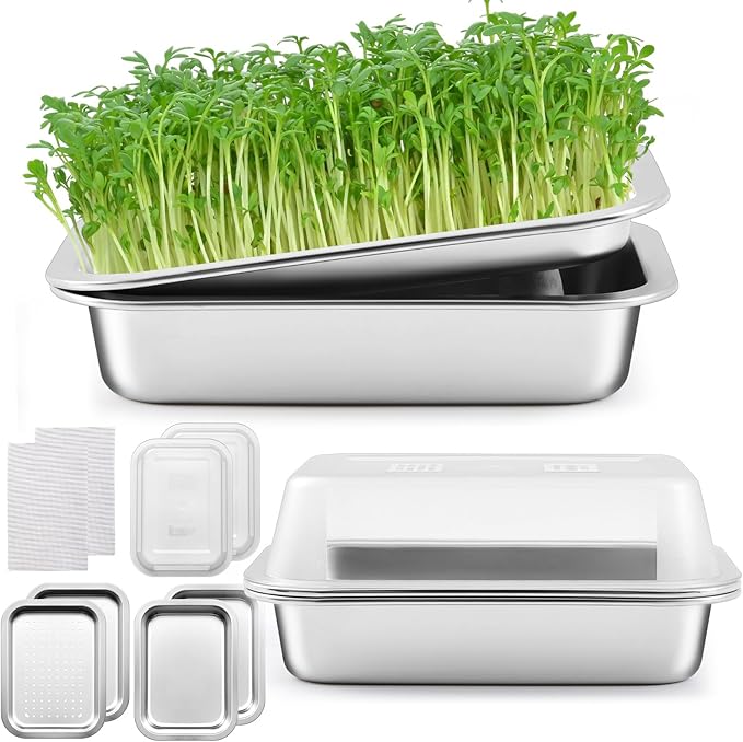 2 Pack Seed Sprouting Kit with Lid, 10.4 Inch Stainless Steel Soilless Culture Germination Tray, Microgreens Growing Kit, Encrypted Mesh Seed Starter Tray for Beans Alfalfa Broccoli Wheat Grass