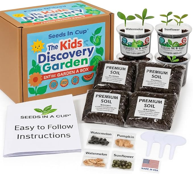 Kids Discovery Garden Kit, Complete Indoor/Outdoor Growing Set, Premium Soil, 4 Seed Varieties,Educational, for Ages 8+, Made in USA, Great Gift for Holiday, Gift Idea