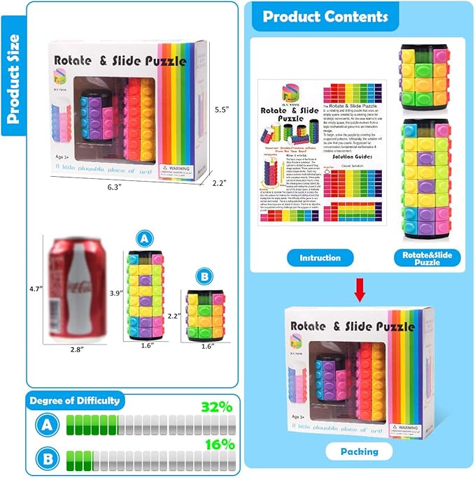 R.Y.TOYS Rotate and Slide Puzzle-Design Patent,Fidget Toys(Restore Order/Create Patterns) 8 Colors,4 and 8 Layers-Detach Piece for Quick Play,Brain Teaser,Sensory Toys Gifts,Stocking Stuffers