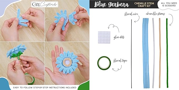 WeVeel Cozy Craftworks Chenille Stem Flower Craft Kit for Adults – Create 6 Colorful Blooms (Lily, Rose, Calla Lily, Tulip, Gerbera & Daisy) – Relaxing DIY Arts & Crafts Kit with All Supplies