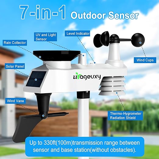 Urageuxy WiFi Weather Station with 8.3 inch Color Display – Wireless Outdoor Sensor Measures Rain Gauge, Wind Speed/Direction, Temperature, Humidity, UV, Forecasts, Barometer