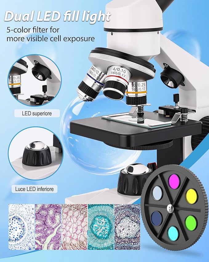 Compound Microscope, 2000x Magnification, with Smartphone Adapter, Slide Set, Dual LED Illumination System, Adult Microscope, Suitable for Beginners and Laboratory use (Monocular Microscope)