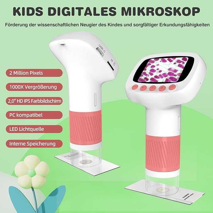 Pocket Kids Microscope for Over 3 Years Old, 1000X Handheld Microscope for Kids w/2''IPS Digital, Photo Video Mini Portable Microscopes, Science Edu Digiscope, for Kid