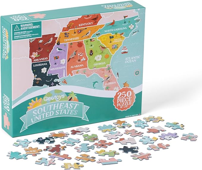 Geotoys Southeast Region Jigsaw Puzzle - 250 Piece Puzzles for 8 Year Olds - Jigsaw Puzzles for Kids Ages 8-12 Years Old - Kids Puzzle Games with Colorful Landmarks