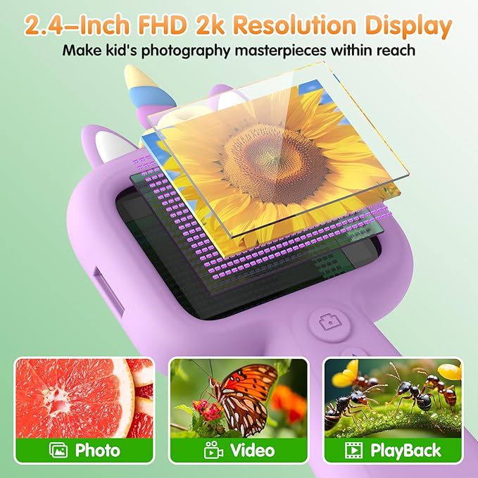 Kids Microscope - 2.4" IPS Screen, 600X-4800X Digital Magnification, LED Light, Purple Unicorn Silicone Cover, Educational Science Toy