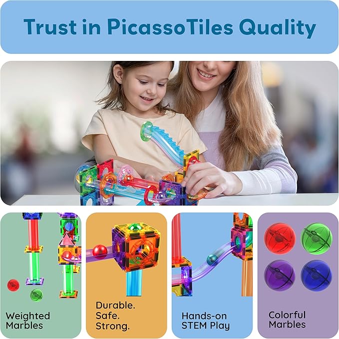 PicassoTiles 4pc Marbles for Magnetic Block Tiles Marble Run Race Track Magnet Building Tile Blocks Racetrack Maze Construction Toys Creative Toy Girls Boys 3 and Up Early Education STEM Learning Kit