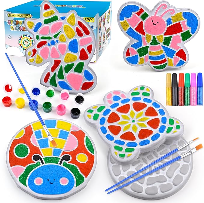 Chiozgi Stepping Stones Painting Kit for Kids, Crafts for Kids Ages 4-8, DIY Garden Stone Outdoor Crafts Paint Your Own Arts and Crafts, Perfect Keepsake, Birthday Party Idea for Children