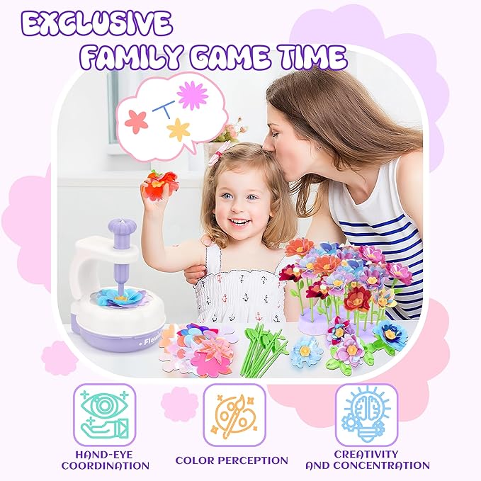 PERRYHOME Fabric Flower Bouquets Toys, 300+ Pcs DIY Flower Making Kit, 2 Gameplays Educational Arts & Crafts for Kids, Reusable Bouquets Maker Birthday Gift for 3 4 5 6 7 8 Years Toddler Girl