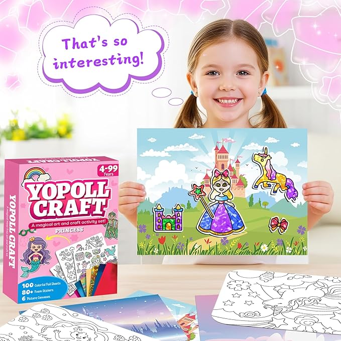 Foil Art Craft Kits for Kids, Mess-Free DIY Creative Activity Set, Fun Arts and Crafts Toys for Boys & Girls, Peel & Press Foil Art Kit for Kids, Travel Toy and Birthday Gift (Princess)