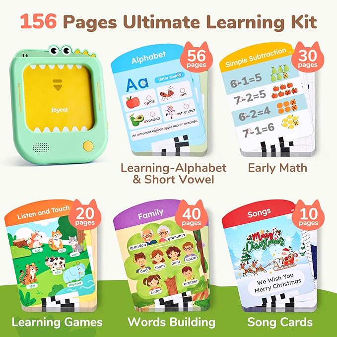 JoyCat Kids Learning Tablet, 156 Pages Tap-to-Read Flash Cards with 20 Interactive Games, Montessori Toy for Alphabet, Phonics, Words, Simple Math & Songs, Learning Toy Gifts for 2-5 Years Old