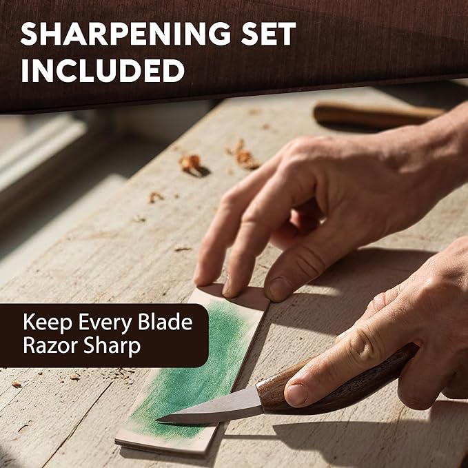 Professional Wood Carving Kit for Beginners - Gift Ready Wood Carving Tools Set | Whittling Kit with 8 Wood Carving Knives, Spoon Carving Tools, Wood Blocks, Gloves, Roll Bag and Sharpening Strop