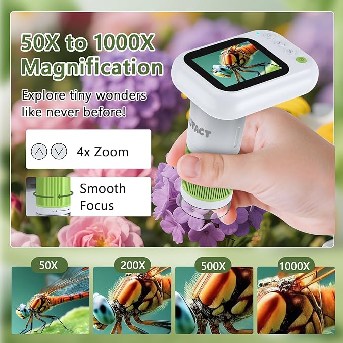 Microscope for Kids, 1000X 2 in 1 Desktop & Handheld Digital Microscope, 1080P 2.4' HD Portable Photo Video Function 8 LED Light 8G SD Card 6 Slides Christmas Birthday Gifts for Kids