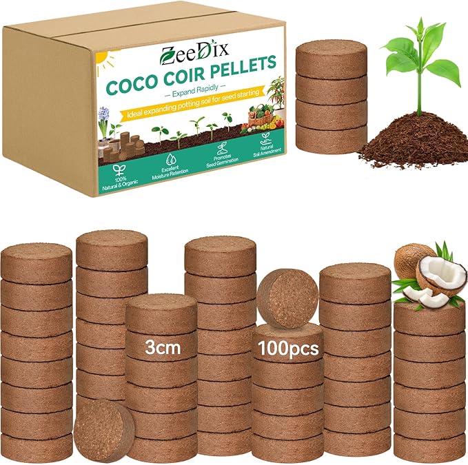 ZeeDix 100 Pcs (30mm) Compressed Coco Coir Fiber Potting Soil Seed Starters - Organic Coco Coir Pellet Fiber Soil for Planting Bonsai, Herbs, Plants, Flowers and Vegetables