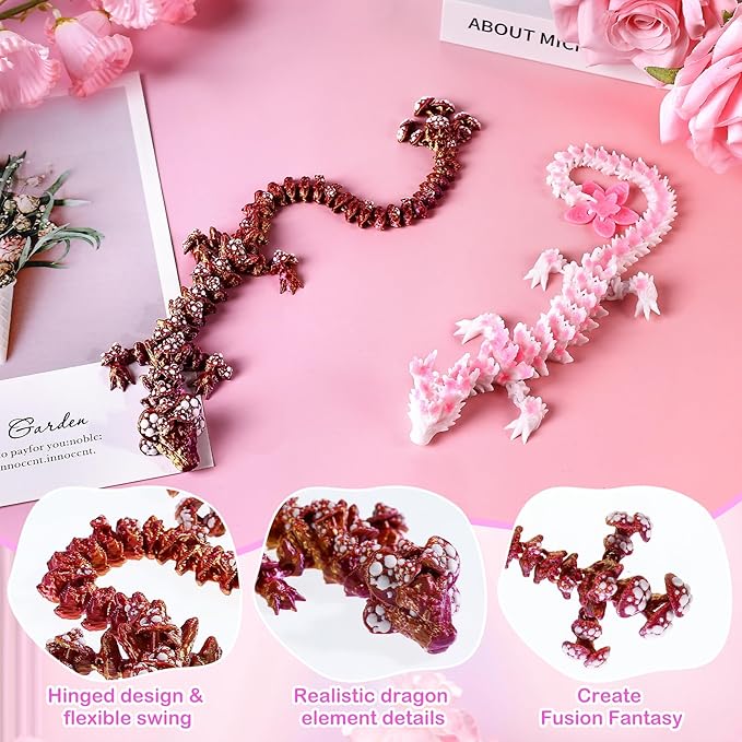 3D Printed Dragon Cherry Blossom and Mushroom Dragons, Articulated Pink Fidget Toys for Autism and ADHD, Perfect Basket Essentials Stuffers and Desk Accessories for Home